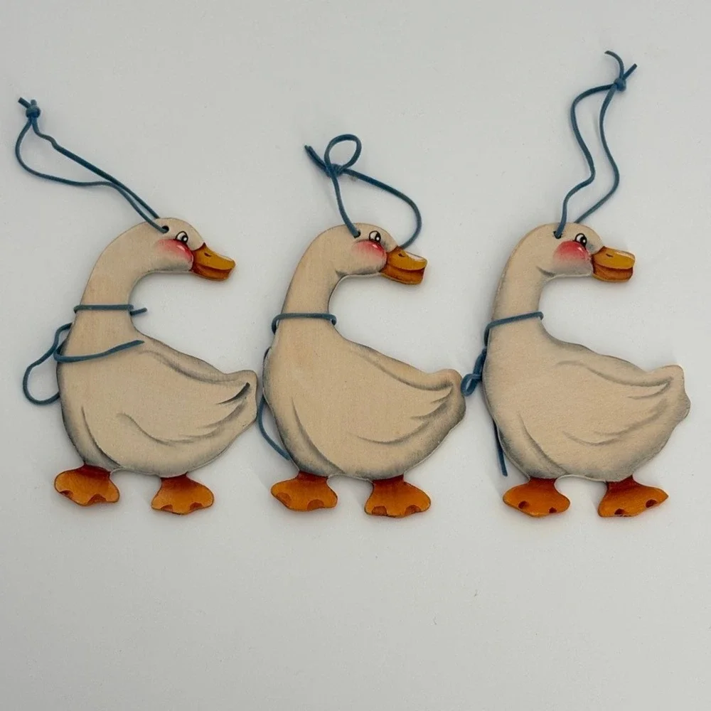 Vintage Country Goose Ornaments Set of 3 Wooden Blue Ribbon Grandmacore Handmade